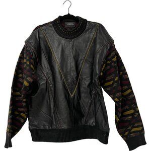 Vintage Saxony Sweater Mens Large L Multicolor Geometric Leather Knit 90s Coogi
